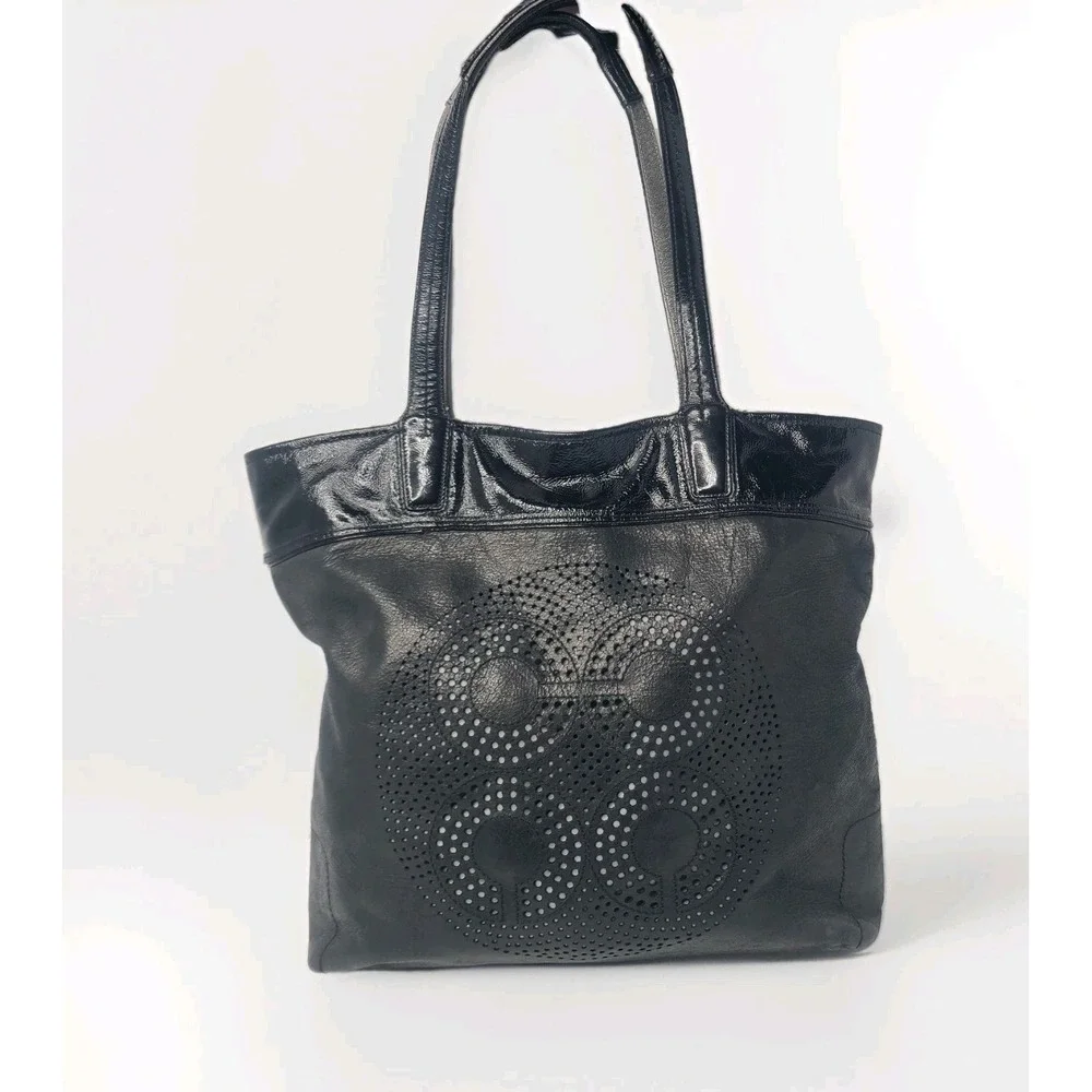 Coach Audrey Perforated Black Patent Leather Shoulder Tote Bag Purse C Logo
